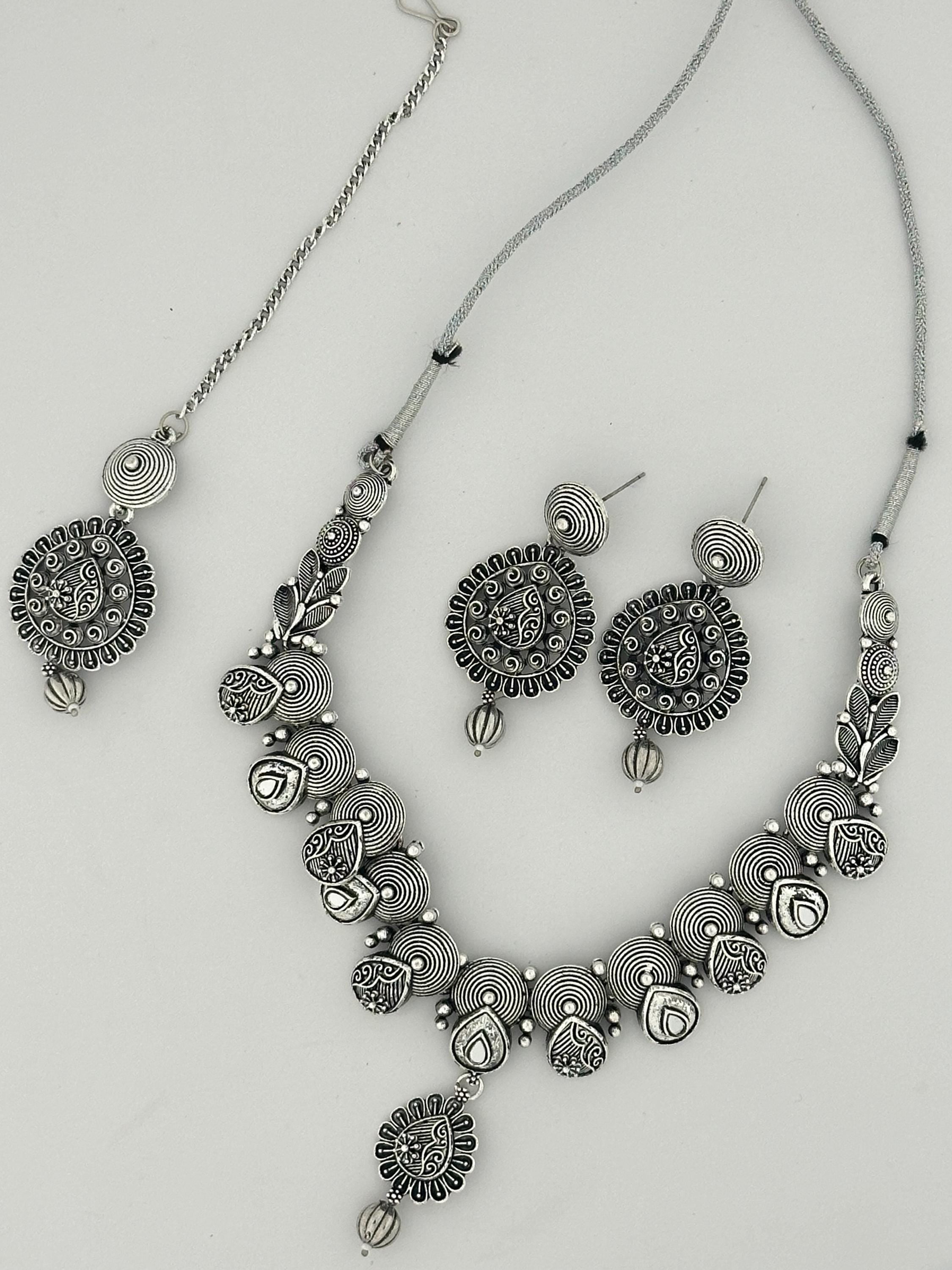 Traditional Oxidized Silver Jewelry Set – Handcrafted Necklace with Matching Earrings & Maang Tikka for Women’s Ethnic & Festive Wear (BLACKLUXE CRAFTS)