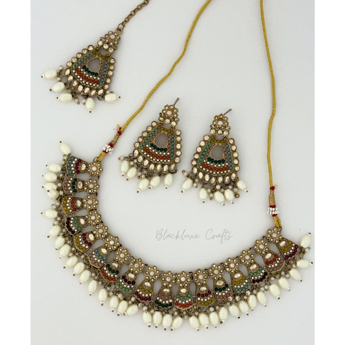 Luxury Kundan Bridal Jewelry Set with Multicolor Stones & Pearls – Handcrafted Indian Choker Necklace with Matching Earrings for Weddings & Special Occasions (BLACKLUXE CRAFTS)