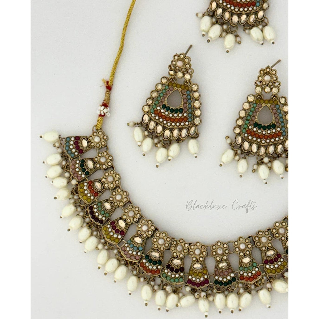 Luxury Kundan Bridal Jewelry Set with Multicolor Stones & Pearls – Handcrafted Indian Choker Necklace with Matching Earrings for Weddings & Special Occasions (BLACKLUXE CRAFTS)