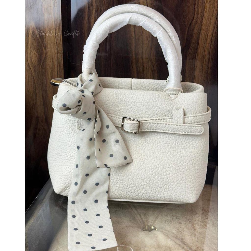 Elegant White Faux Leather Handbag with Polka Dot Scarf – Chic Designer Tote Purse for Women (BLACKLUXE CRAFTS)