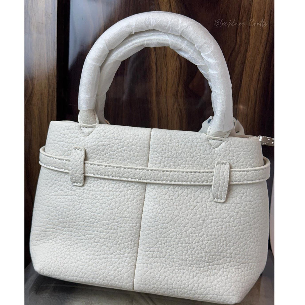Elegant White Faux Leather Handbag with Polka Dot Scarf – Chic Designer Tote Purse for Women (BLACKLUXE CRAFTS)