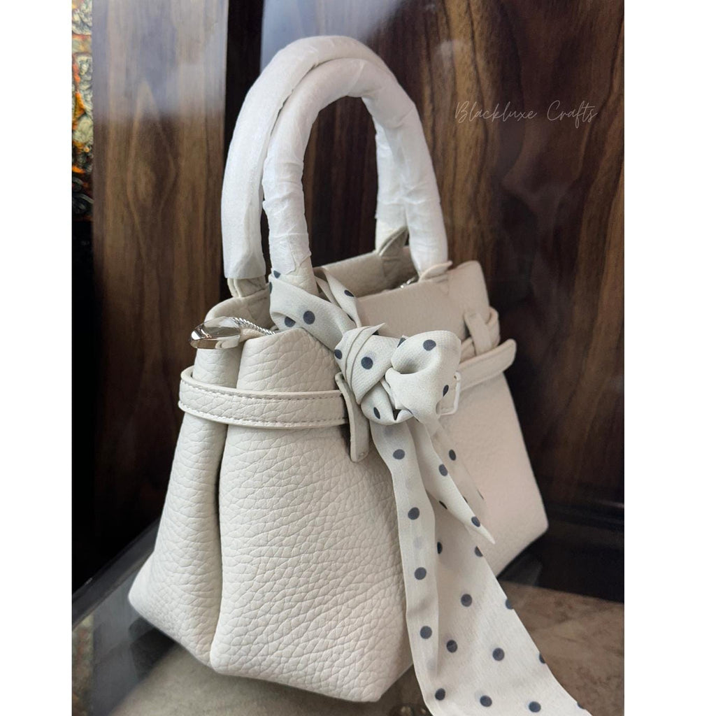 Elegant White Faux Leather Handbag with Polka Dot Scarf – Chic Designer Tote Purse for Women (BLACKLUXE CRAFTS)
