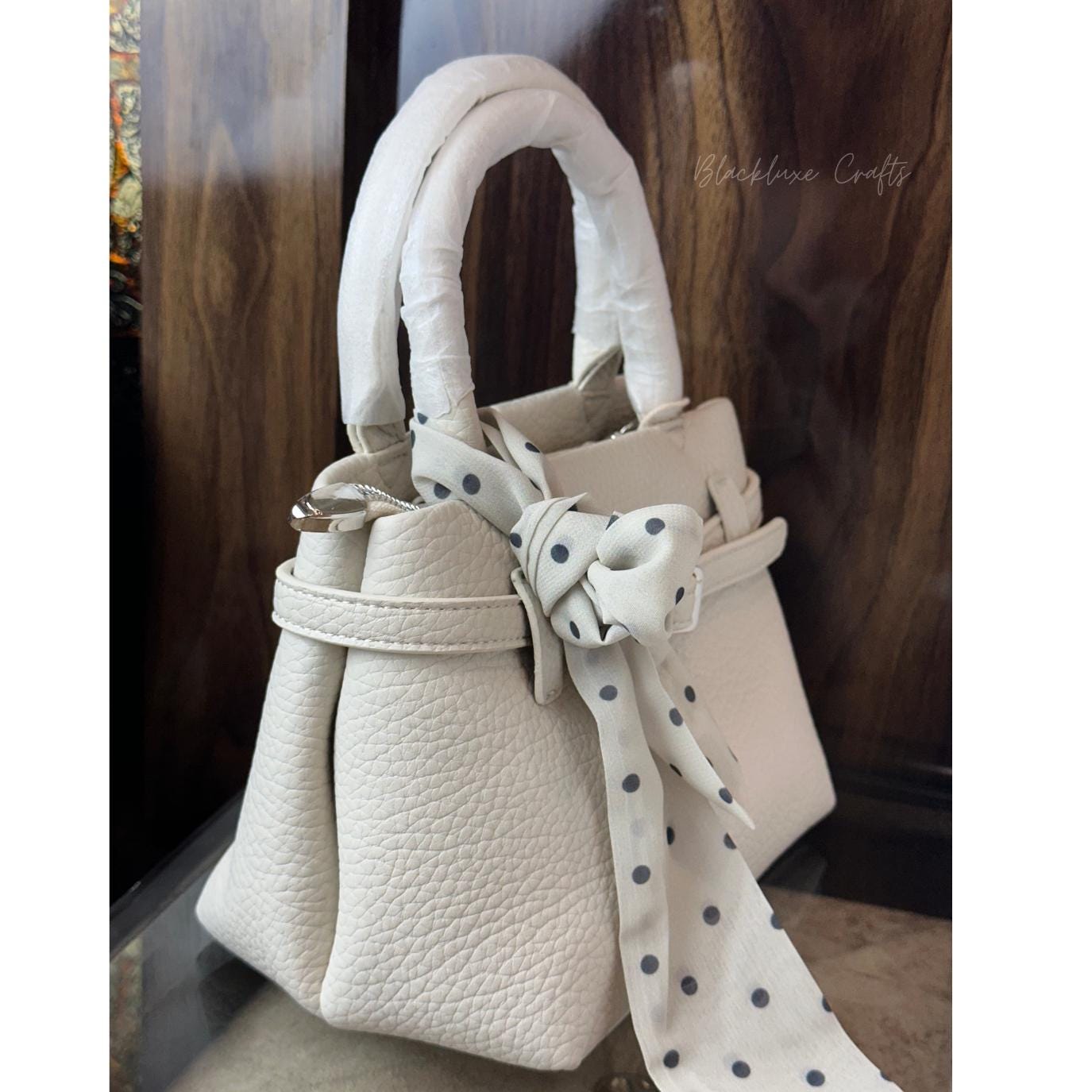 Elegant White Faux Leather Handbag with Polka Dot Scarf – Chic Designer Tote Purse for Women (BLACKLUXE CRAFTS)