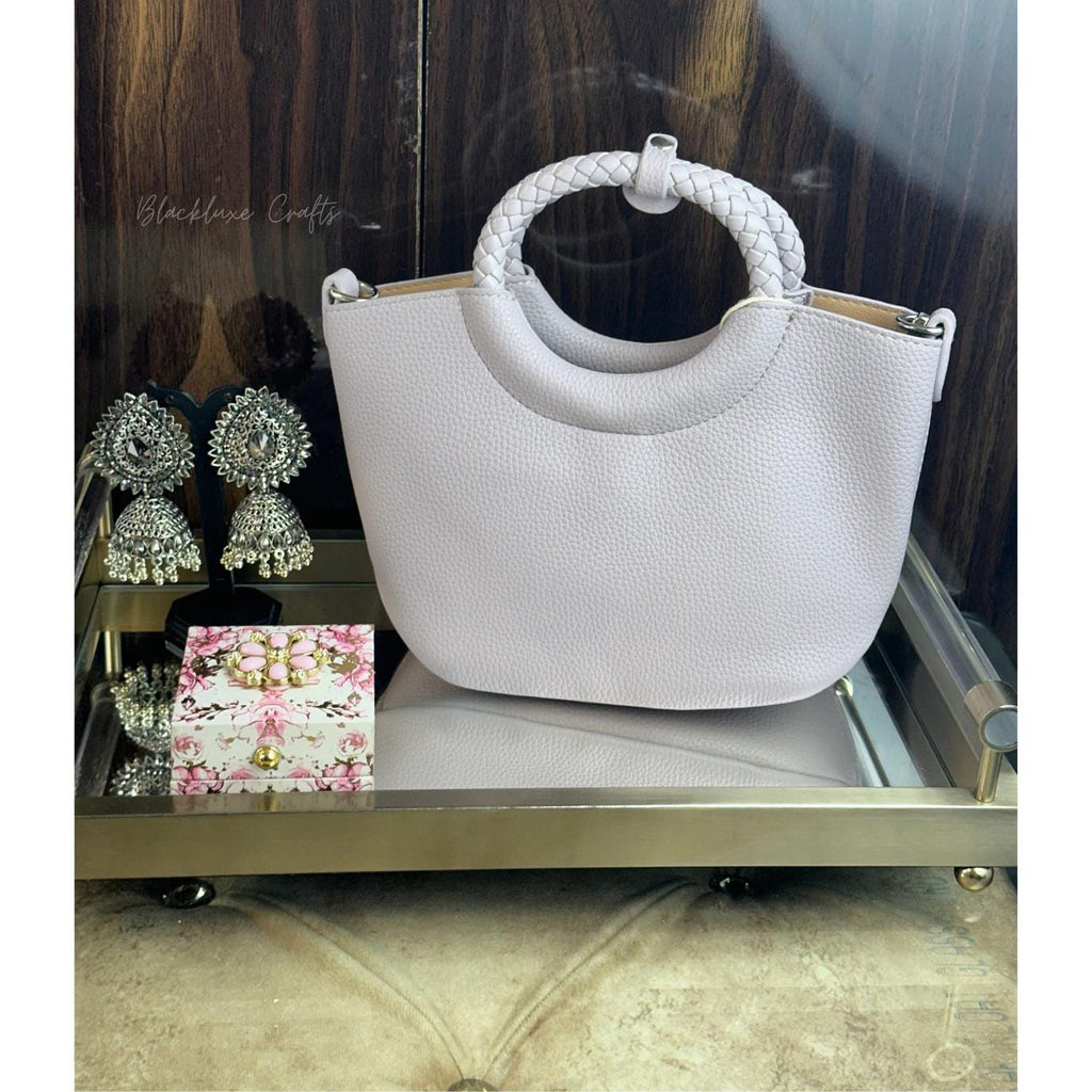 Elegant White Faux Leather Handbag with Polka Dot Scarf – Chic Designer Tote Purse for Women (BLACKLUXE CRAFTS)