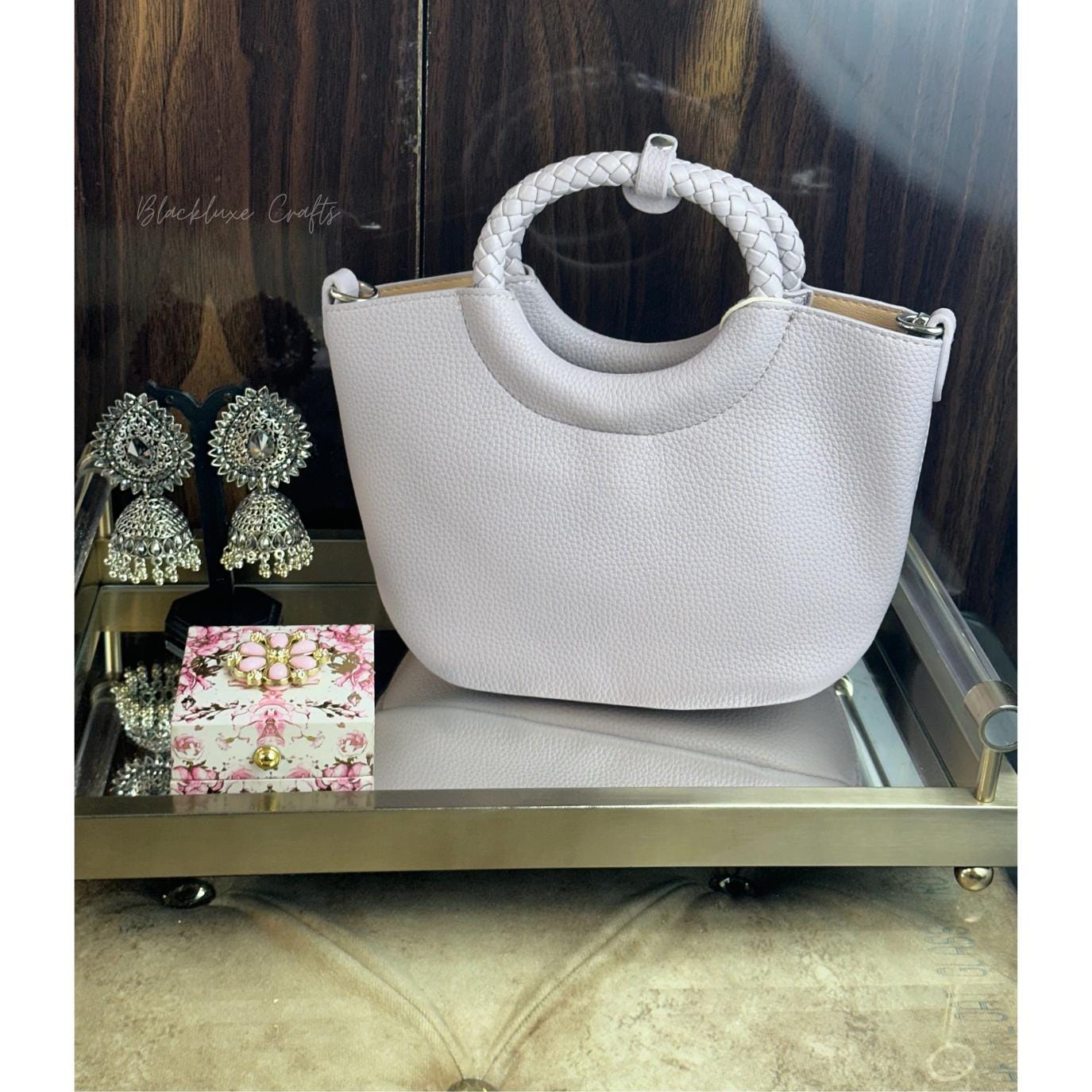 Elegant White Faux Leather Handbag with Polka Dot Scarf – Chic Designer Tote Purse for Women (BLACKLUXE CRAFTS)