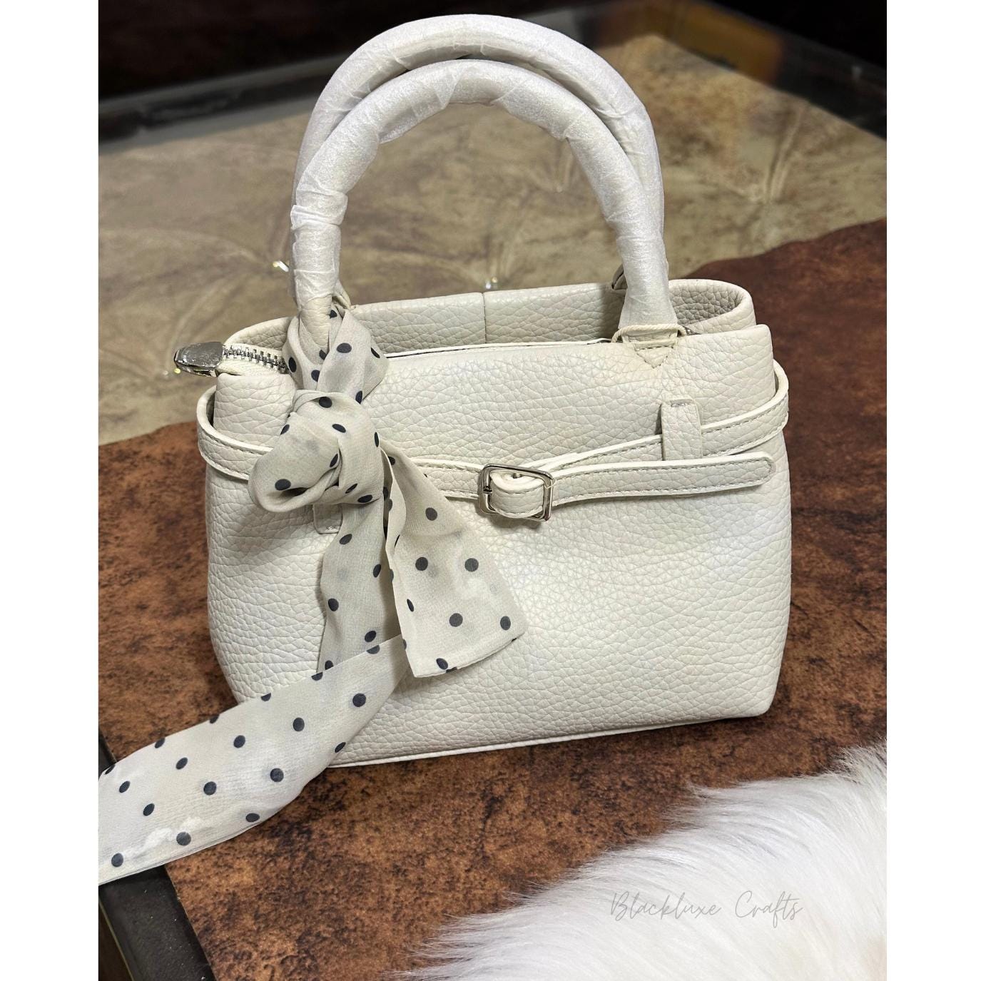Elegant White Faux Leather Handbag with Polka Dot Scarf – Chic Designer Tote Purse for Women (BLACKLUXE CRAFTS)