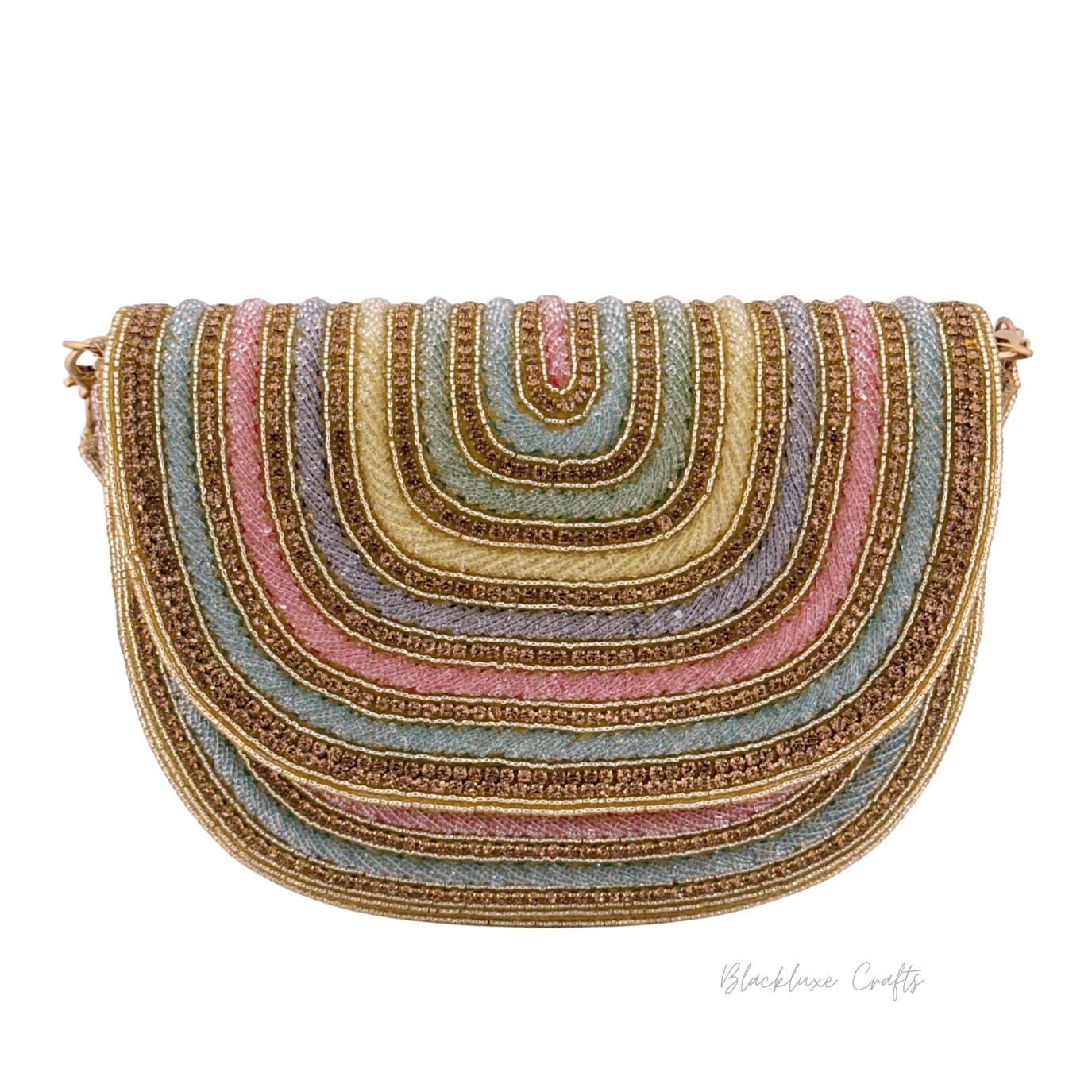 Luxury Rainbow Multicolor Beaded Clutch Purse with Golden Embroidery – Elegant Handmade Evening Bag for Weddings, Parties & Special Occasions (BLACKLUXE CRAFTS)