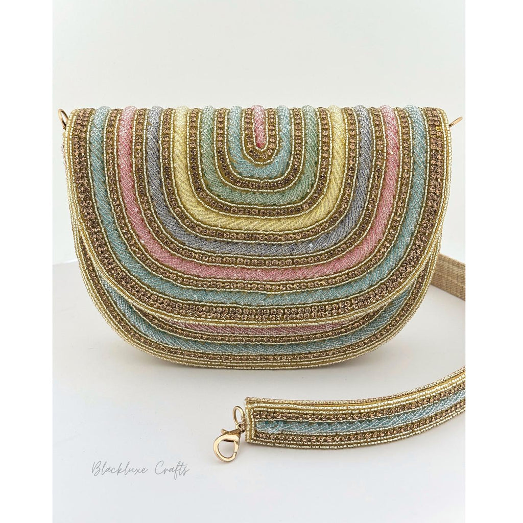 Luxury Rainbow Multicolor Beaded Clutch Purse with Golden Embroidery – Elegant Handmade Evening Bag for Weddings, Parties & Special Occasions (BLACKLUXE CRAFTS)