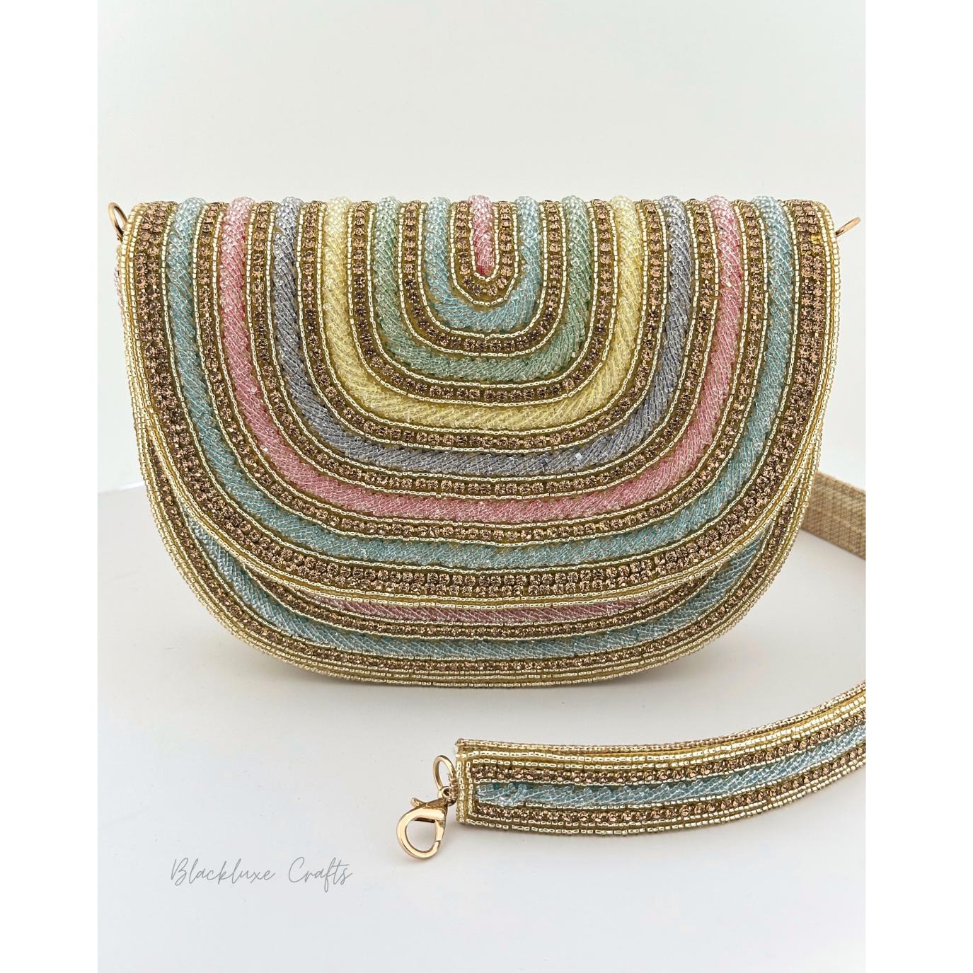 Luxury Rainbow Multicolor Beaded Clutch Purse with Golden Embroidery – Elegant Handmade Evening Bag for Weddings, Parties & Special Occasions (BLACKLUXE CRAFTS)