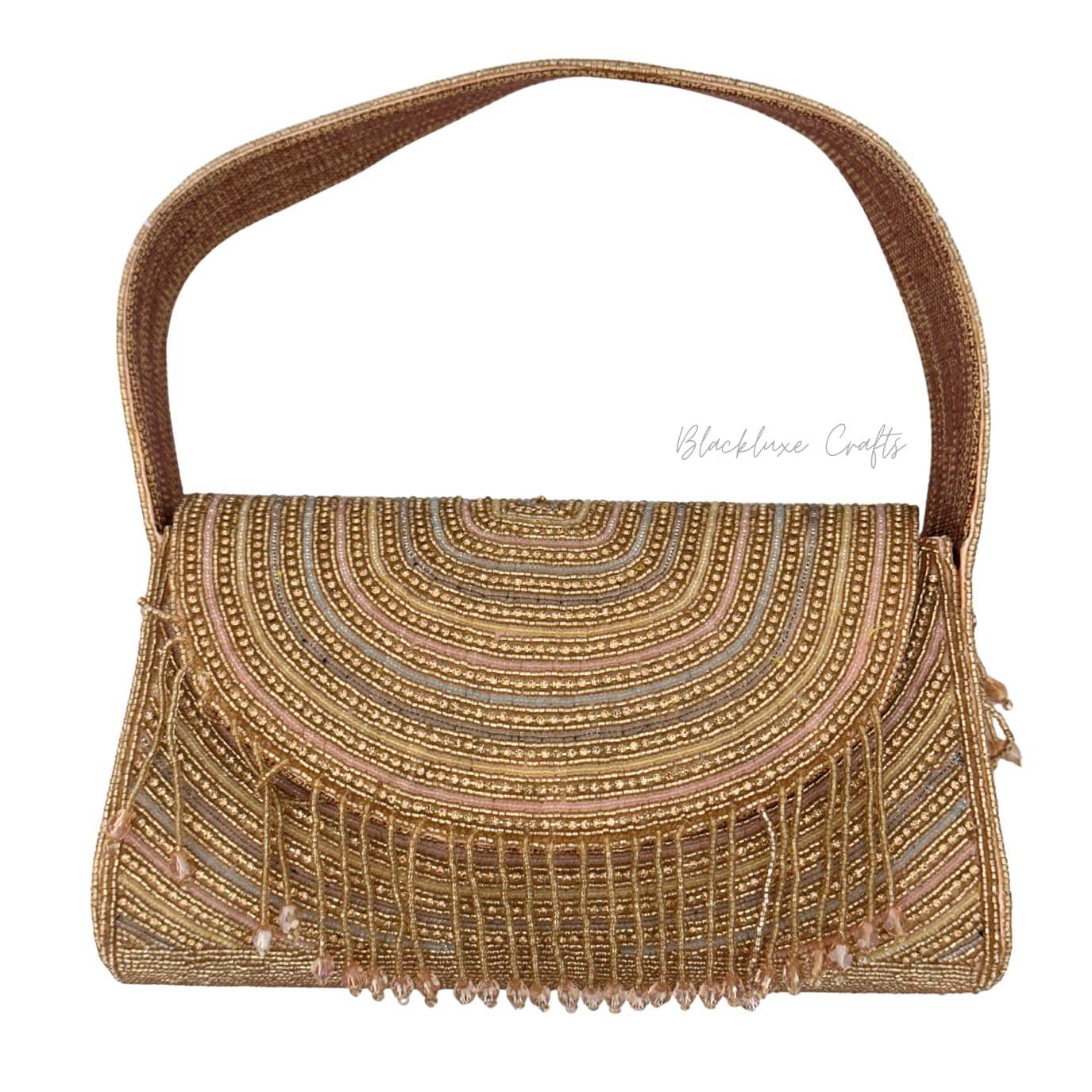 Luxury Hand-Beaded Evening Clutch Bag with Fringe – Golden Sequin Shoulder Purse for Weddings & Parties (BLACKLUXE CRAFTS)