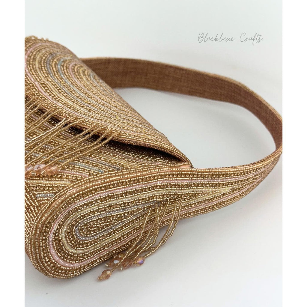 Luxury Hand-Beaded Evening Clutch Bag with Fringe – Golden Sequin Shoulder Purse for Weddings & Parties (BLACKLUXE CRAFTS)