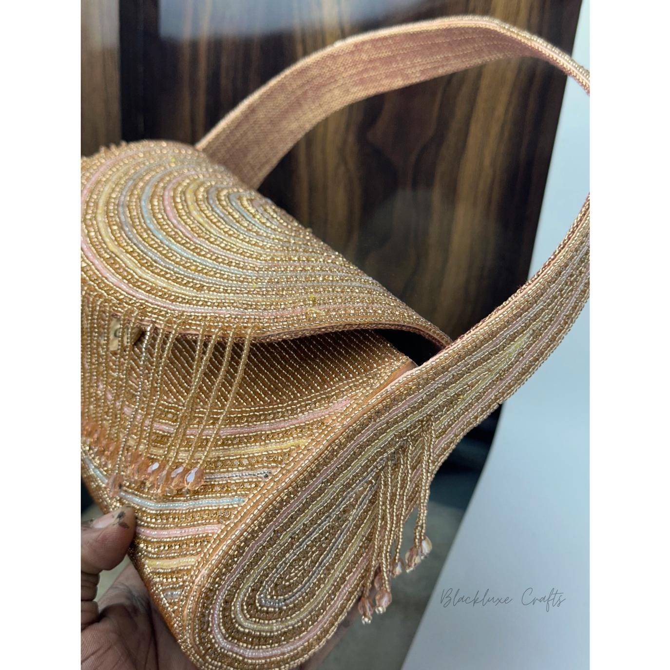 Luxury Hand-Beaded Evening Clutch Bag with Fringe – Golden Sequin Shoulder Purse for Weddings & Parties (BLACKLUXE CRAFTS)