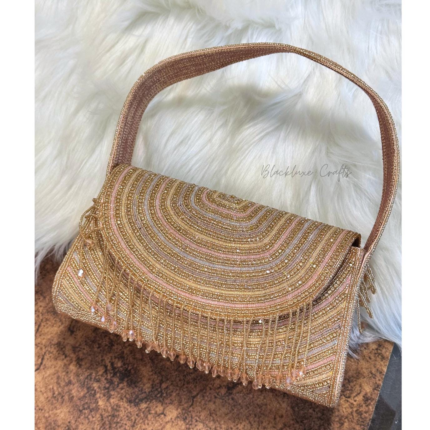 Luxury Hand-Beaded Evening Clutch Bag with Fringe – Golden Sequin Shoulder Purse for Weddings & Parties (BLACKLUXE CRAFTS)
