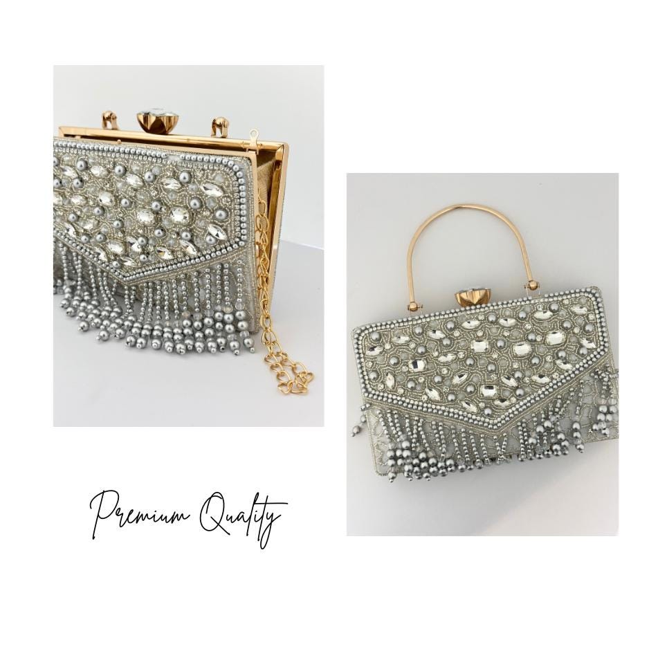 Luxury Silver Beaded Clutch Bag with Crystal Embellishments and Pearl Fringe – Elegant Evening Purse for Women (BLACKLUXE CRAFTS)
