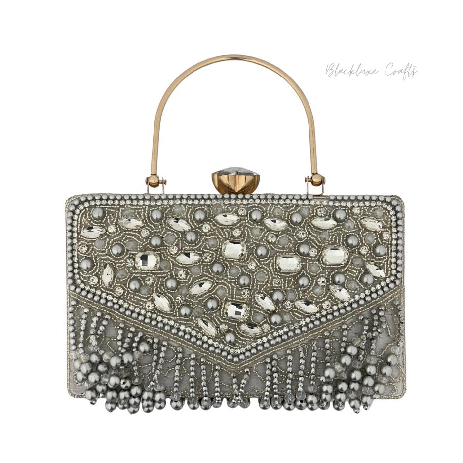 Luxury Silver Beaded Clutch Bag with Crystal Embellishments and Pearl Fringe – Elegant Evening Purse for Women (BLACKLUXE CRAFTS)
