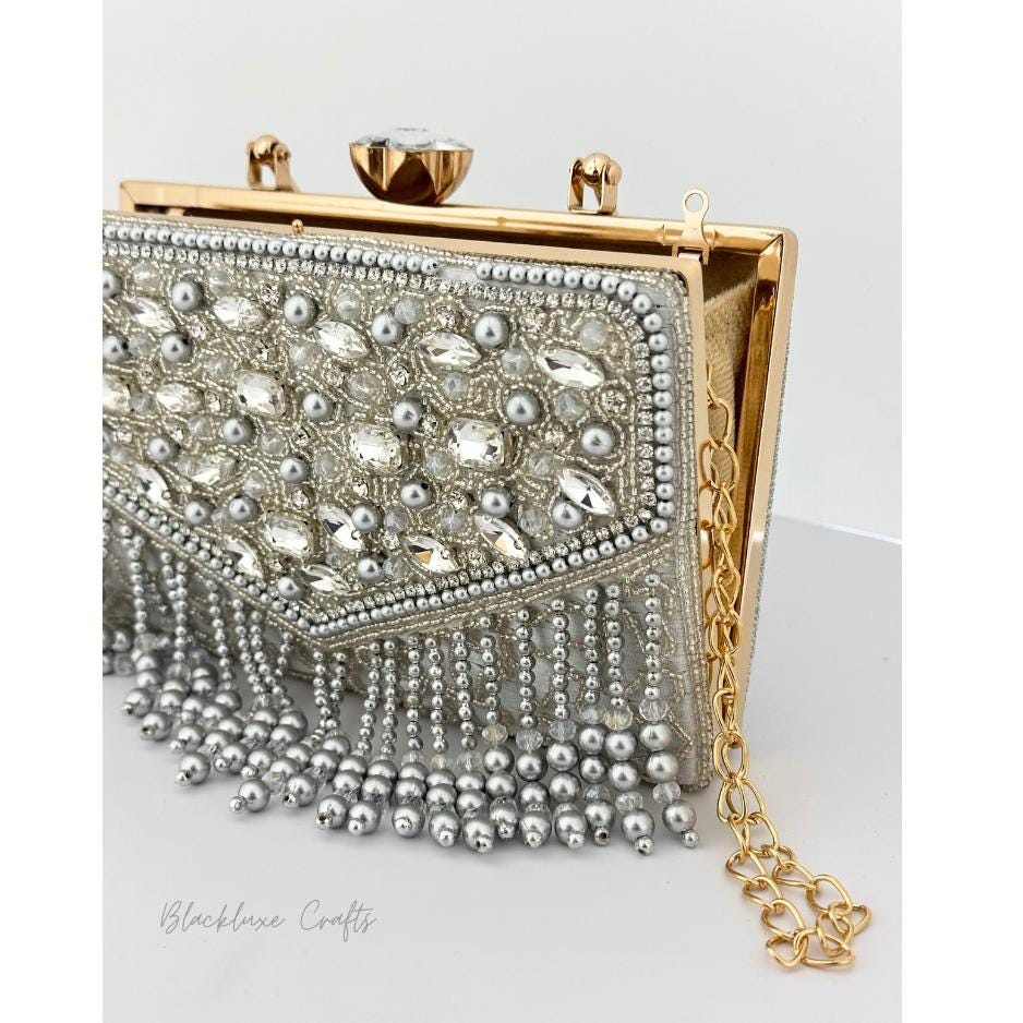 Luxury Silver Beaded Clutch Bag with Crystal Embellishments and Pearl Fringe – Elegant Evening Purse for Women (BLACKLUXE CRAFTS)