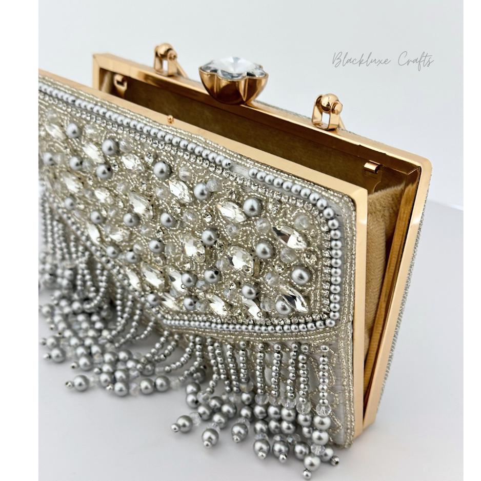 Luxury Silver Beaded Clutch Bag with Crystal Embellishments and Pearl Fringe – Elegant Evening Purse for Women (BLACKLUXE CRAFTS)