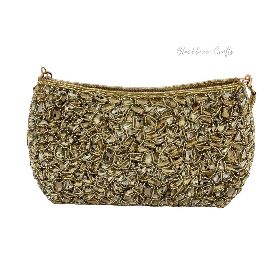 Luxury Gold Beaded Handbag with Crystal Embellishments – Elegant Handmade Evening Purse for Weddings, Parties & Special Occasions (BLACKLUXE CRAFTS)