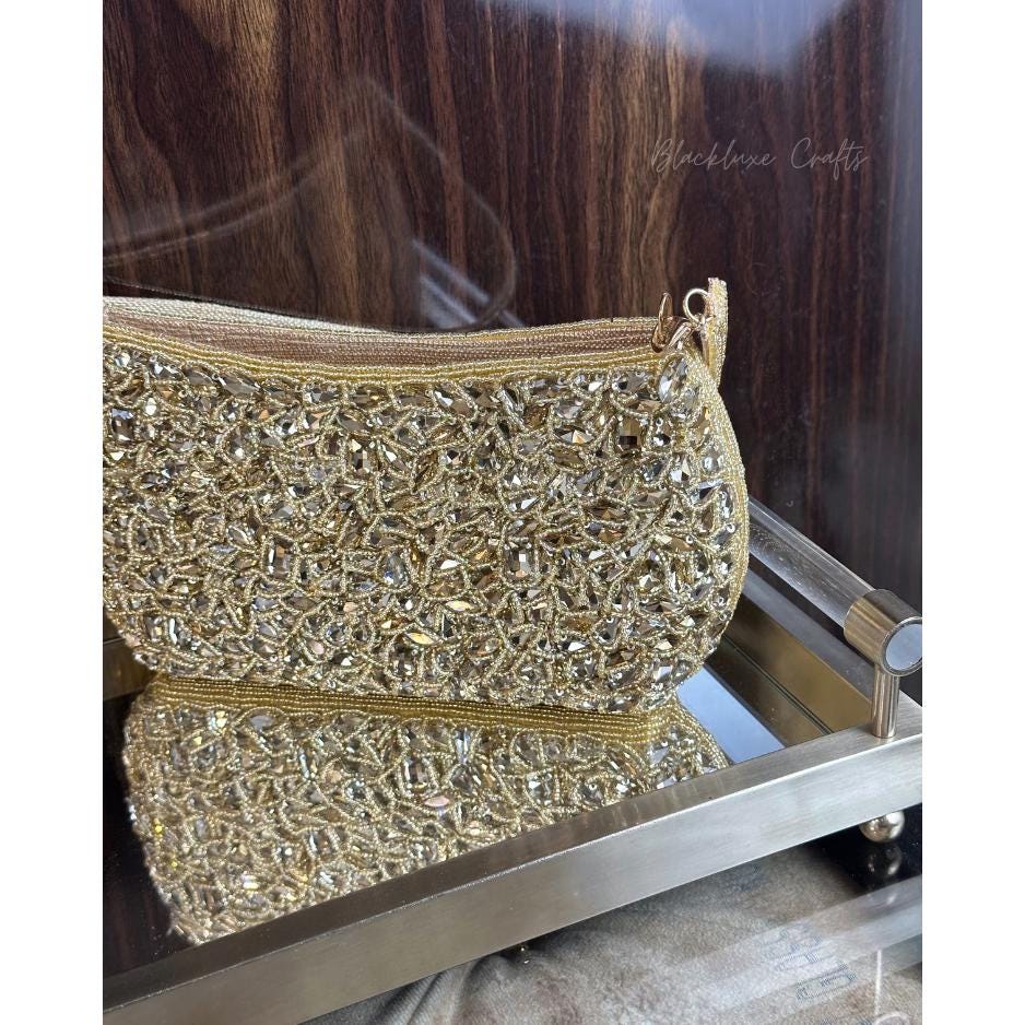 Luxury Gold Beaded Handbag with Crystal Embellishments – Elegant Handmade Evening Purse for Weddings, Parties & Special Occasions (BLACKLUXE CRAFTS)
