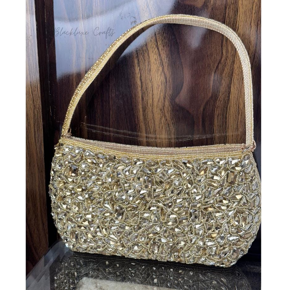 Luxury Gold Beaded Handbag with Crystal Embellishments – Elegant Handmade Evening Purse for Weddings, Parties & Special Occasions (BLACKLUXE CRAFTS)