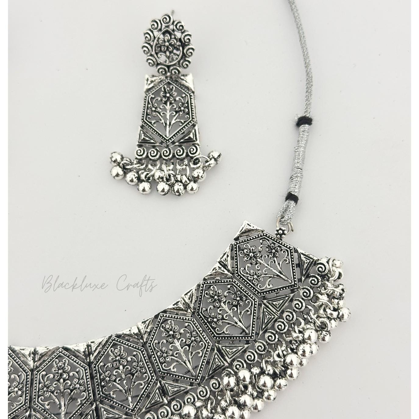 Traditional Oxidized Silver Plated Jewelry Set – Handcrafted Statement Necklace with Matching Earrings & Maang Tikka for Women’s Ethnic & Festive Wear (BLACKLUXE CRAFTS)