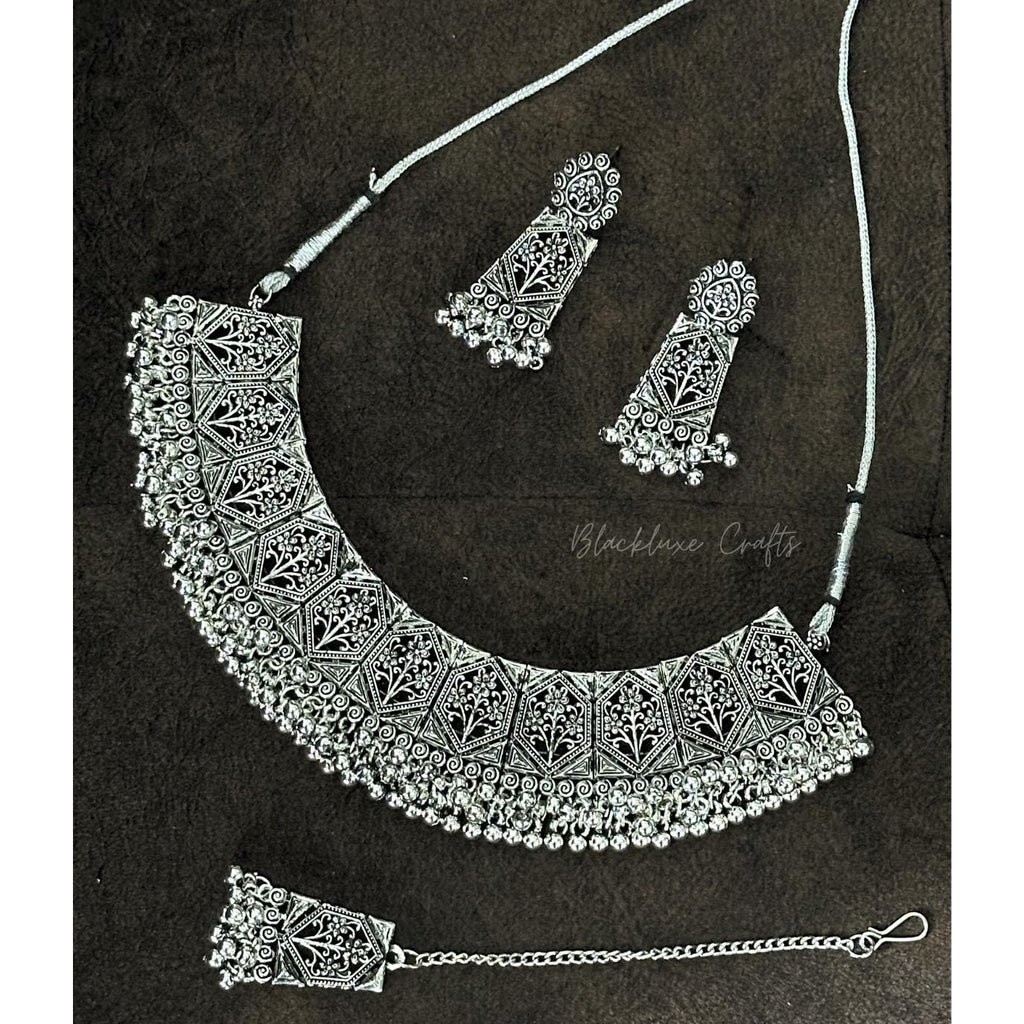 Traditional Oxidized Silver Plated Jewelry Set – Handcrafted Statement Necklace with Matching Earrings & Maang Tikka for Women’s Ethnic & Festive Wear (BLACKLUXE CRAFTS)