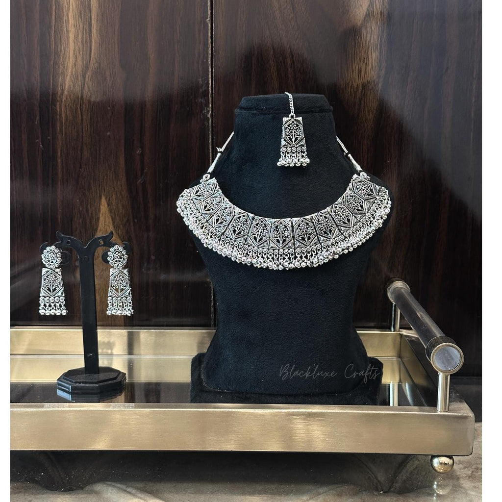 Traditional Oxidized Silver Plated Jewelry Set – Handcrafted Statement Necklace with Matching Earrings & Maang Tikka for Women’s Ethnic & Festive Wear (BLACKLUXE CRAFTS)