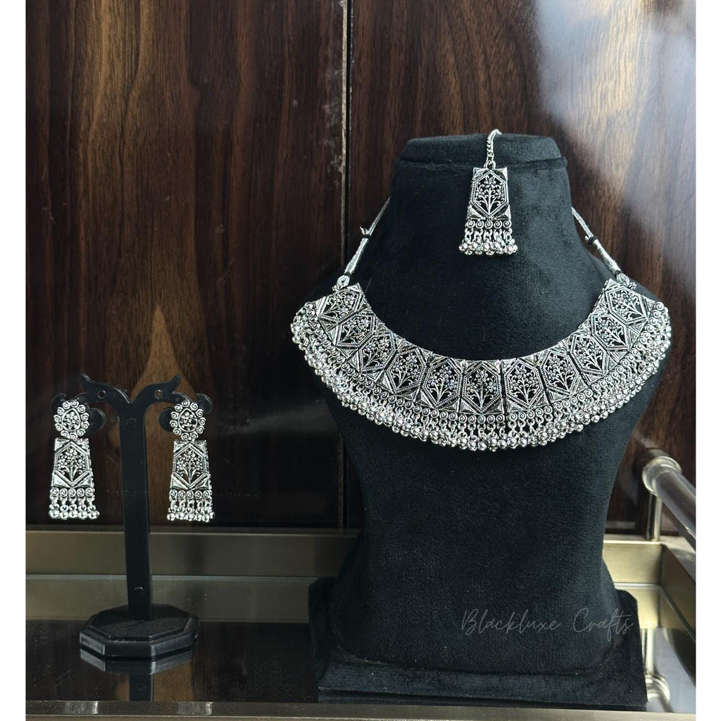Traditional Oxidized Silver Plated Jewelry Set – Handcrafted Statement Necklace with Matching Earrings & Maang Tikka for Women’s Ethnic & Festive Wear (BLACKLUXE CRAFTS)