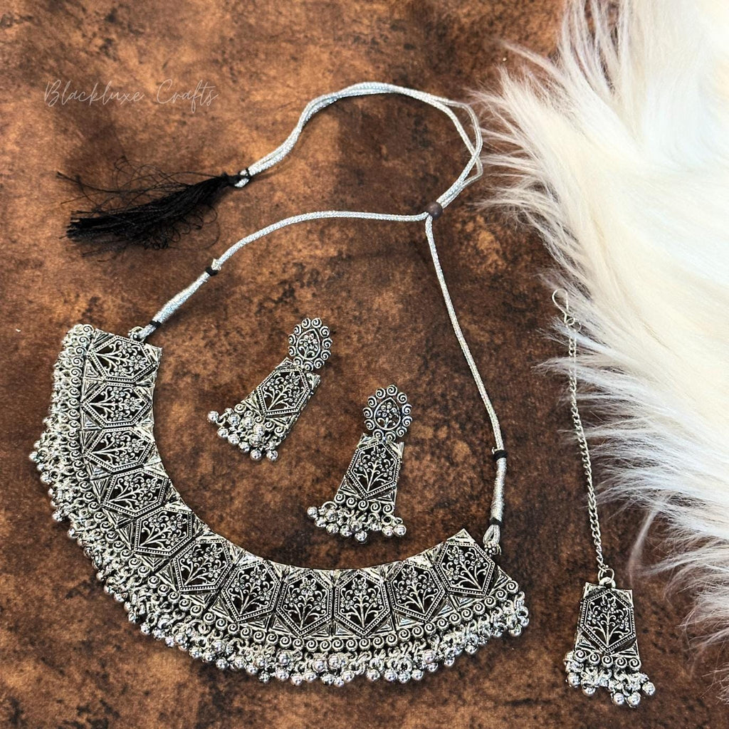 Traditional Oxidized Silver Plated Jewelry Set – Handcrafted Statement Necklace with Matching Earrings & Maang Tikka for Women’s Ethnic & Festive Wear (BLACKLUXE CRAFTS)