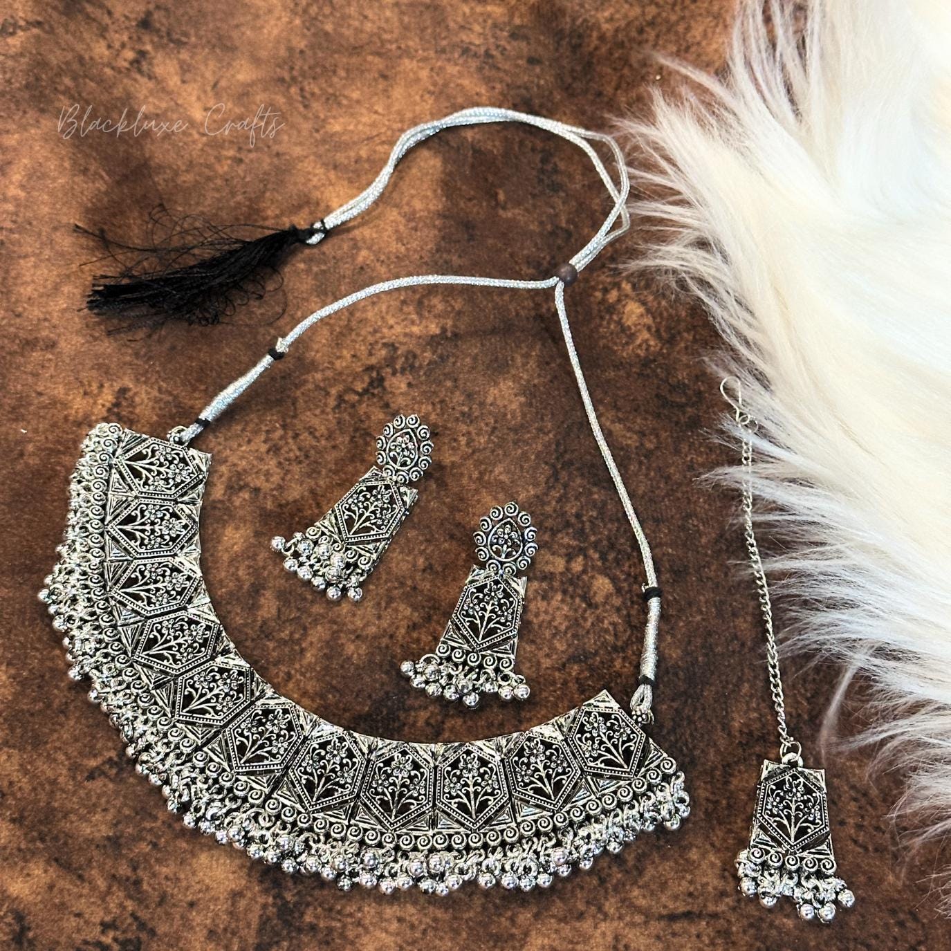 Traditional Oxidized Silver Plated Jewelry Set – Handcrafted Statement Necklace with Matching Earrings & Maang Tikka for Women’s Ethnic & Festive Wear (BLACKLUXE CRAFTS)