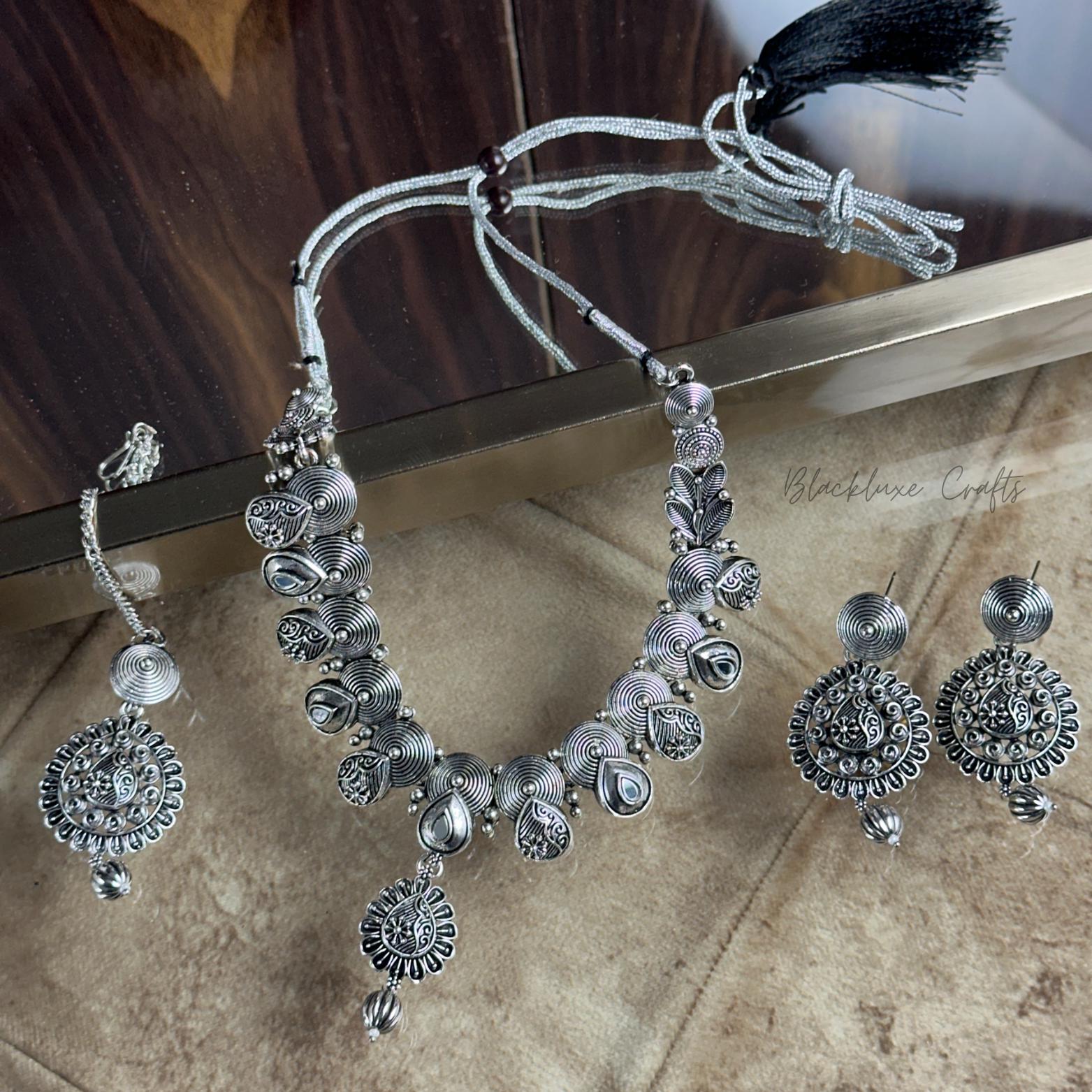Traditional Oxidized Silver Jewelry Set – Handcrafted Necklace with Matching Earrings & Maang Tikka for Women’s Ethnic & Festive Wear (BLACKLUXE CRAFTS)