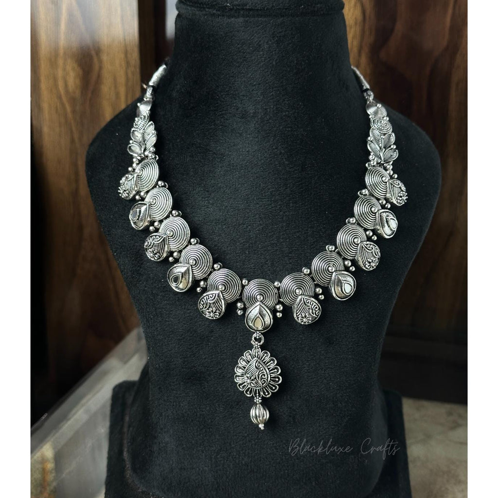 Traditional Oxidized Silver Jewelry Set – Handcrafted Necklace with Matching Earrings & Maang Tikka for Women’s Ethnic & Festive Wear (BLACKLUXE CRAFTS)
