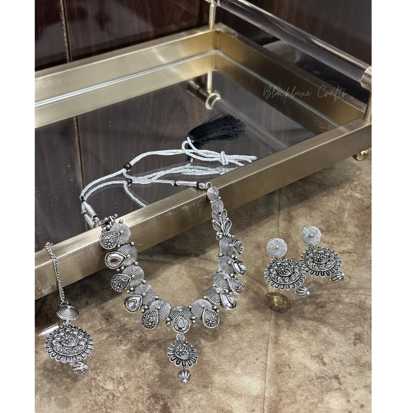 Traditional Oxidized Silver Jewelry Set – Handcrafted Necklace with Matching Earrings & Maang Tikka for Women’s Ethnic & Festive Wear (BLACKLUXE CRAFTS)
