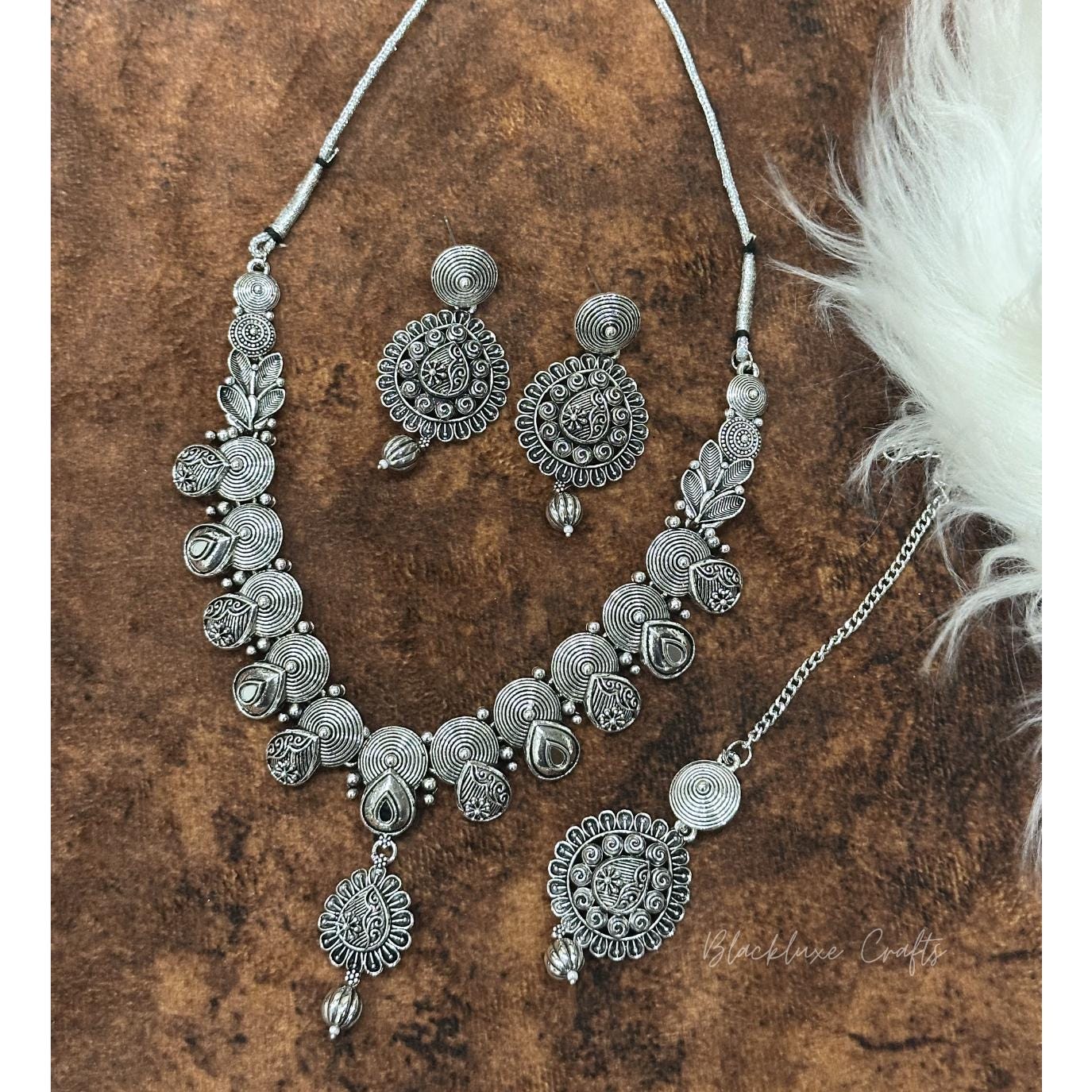 Traditional Oxidized Silver Jewelry Set – Handcrafted Necklace with Matching Earrings & Maang Tikka for Women’s Ethnic & Festive Wear (BLACKLUXE CRAFTS)