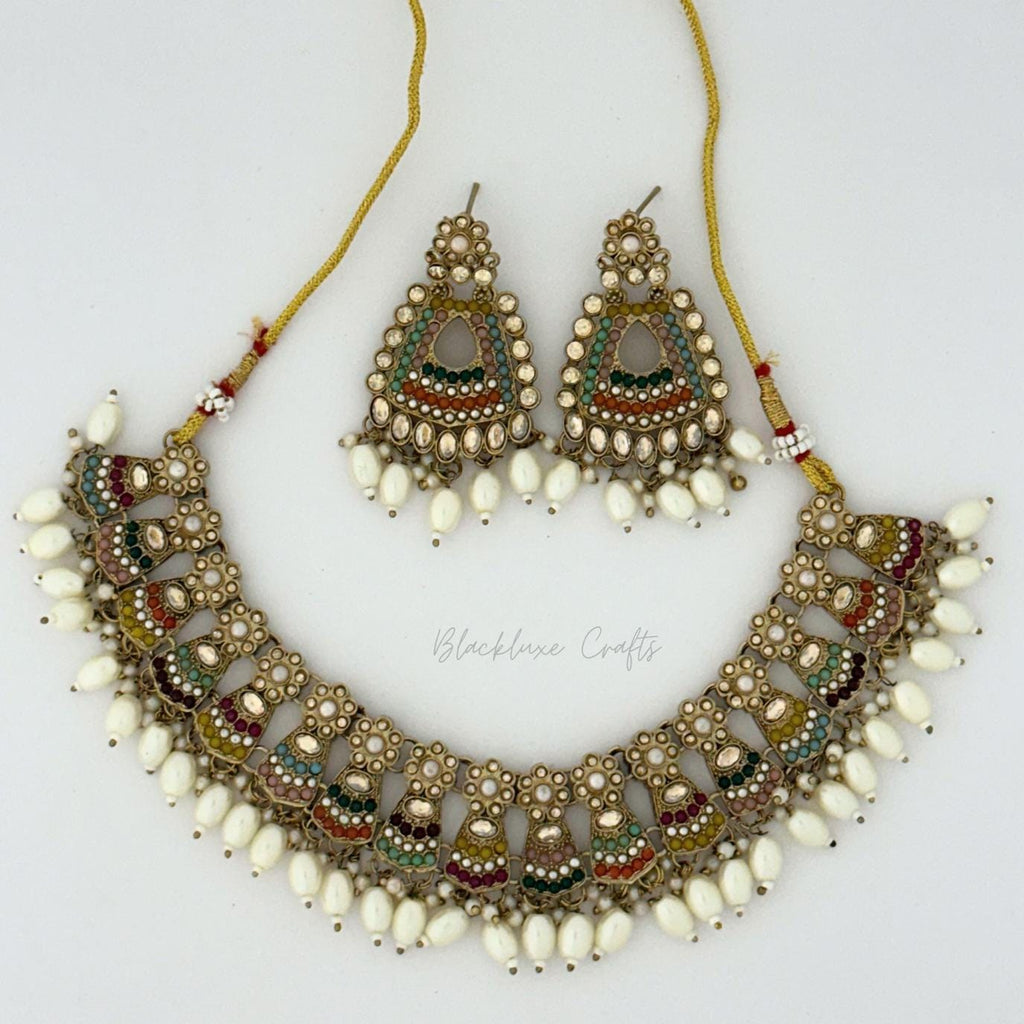Luxury Kundan Bridal Jewelry Set with Multicolor Stones & Pearls – Handcrafted Indian Choker Necklace with Matching Earrings for Weddings & Special Occasions (BLACKLUXE CRAFTS)
