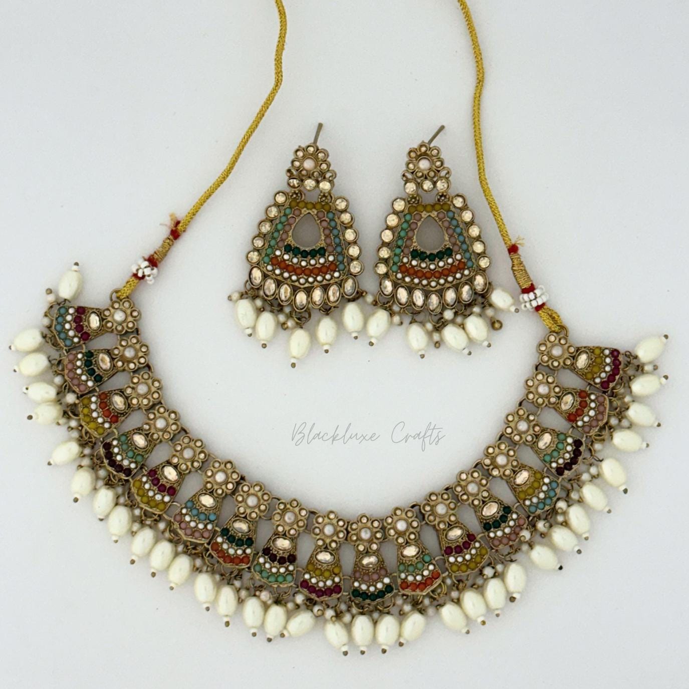 Luxury Kundan Bridal Jewelry Set with Multicolor Stones & Pearls – Handcrafted Indian Choker Necklace with Matching Earrings for Weddings & Special Occasions (BLACKLUXE CRAFTS)