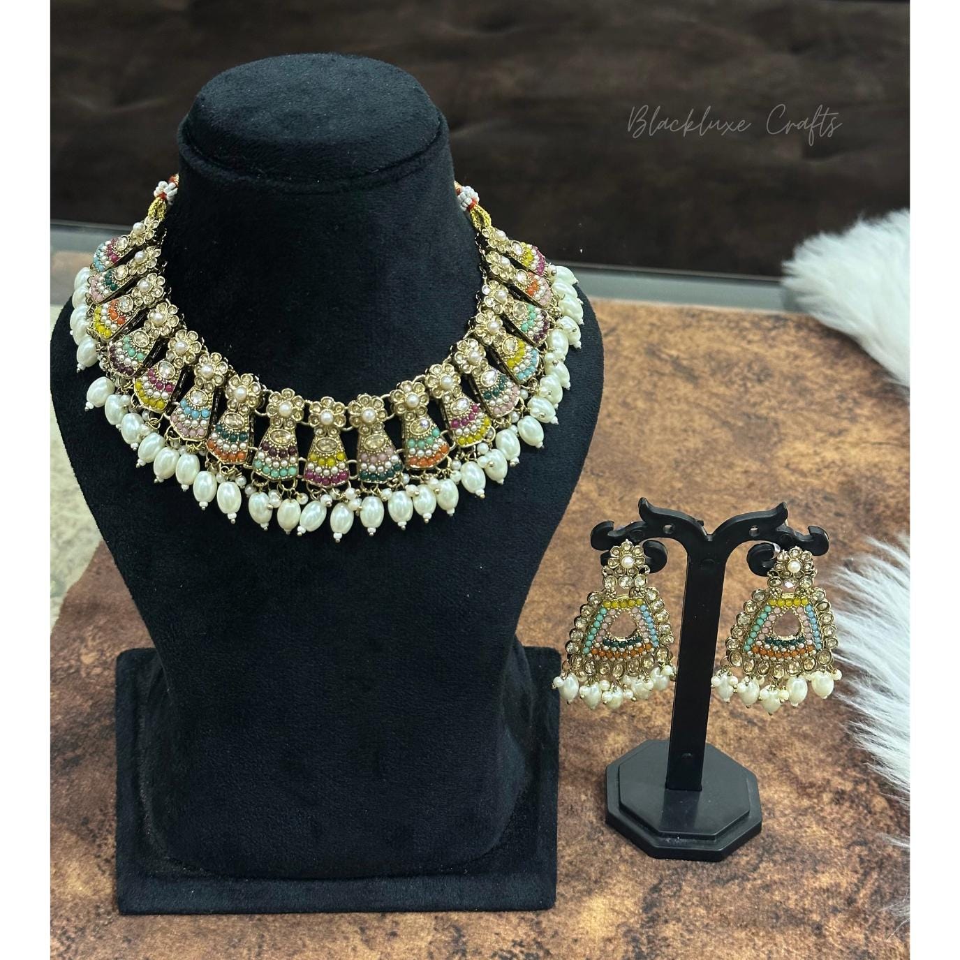 Luxury Kundan Bridal Jewelry Set with Multicolor Stones & Pearls – Handcrafted Indian Choker Necklace with Matching Earrings for Weddings & Special Occasions (BLACKLUXE CRAFTS)
