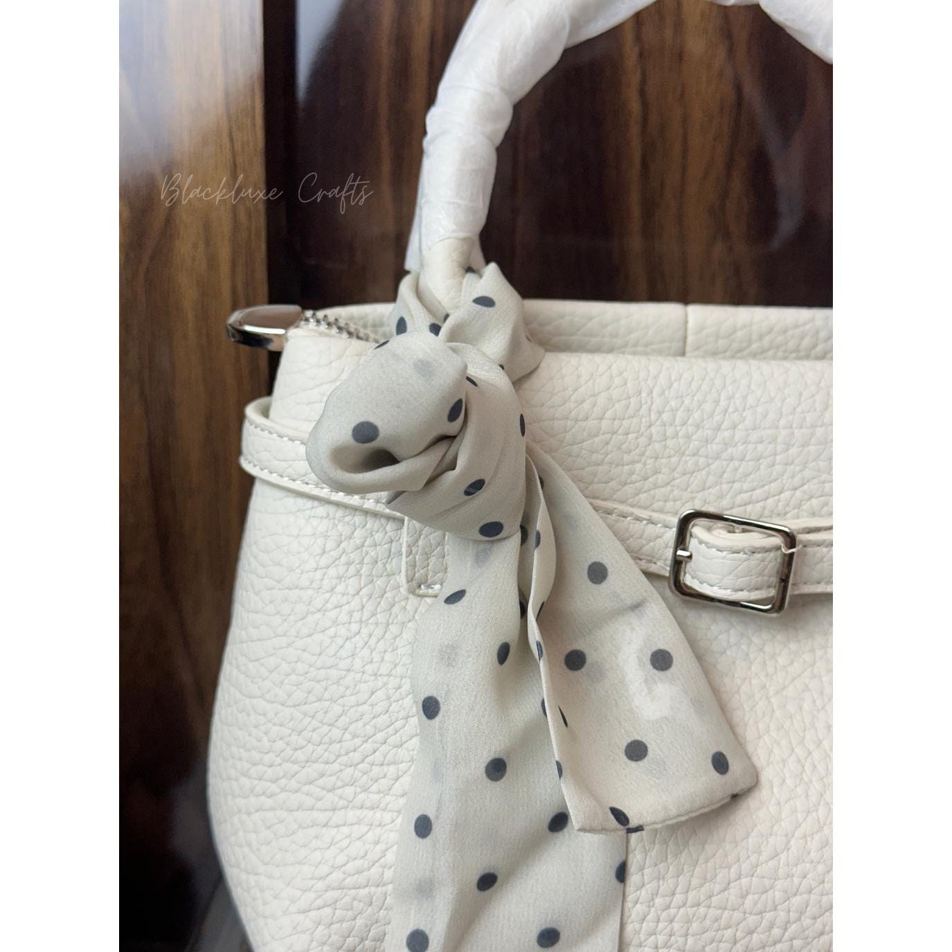 Elegant White Faux Leather Handbag with Polka Dot Scarf – Chic Designer Tote Purse for Women (BLACKLUXE CRAFTS)