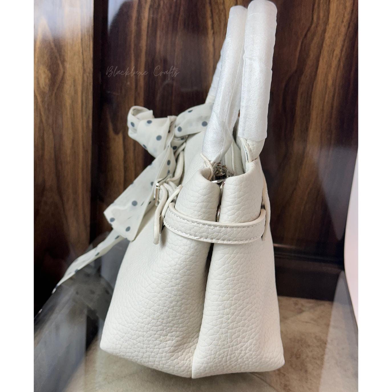 Elegant White Faux Leather Handbag with Polka Dot Scarf – Chic Designer Tote Purse for Women (BLACKLUXE CRAFTS)
