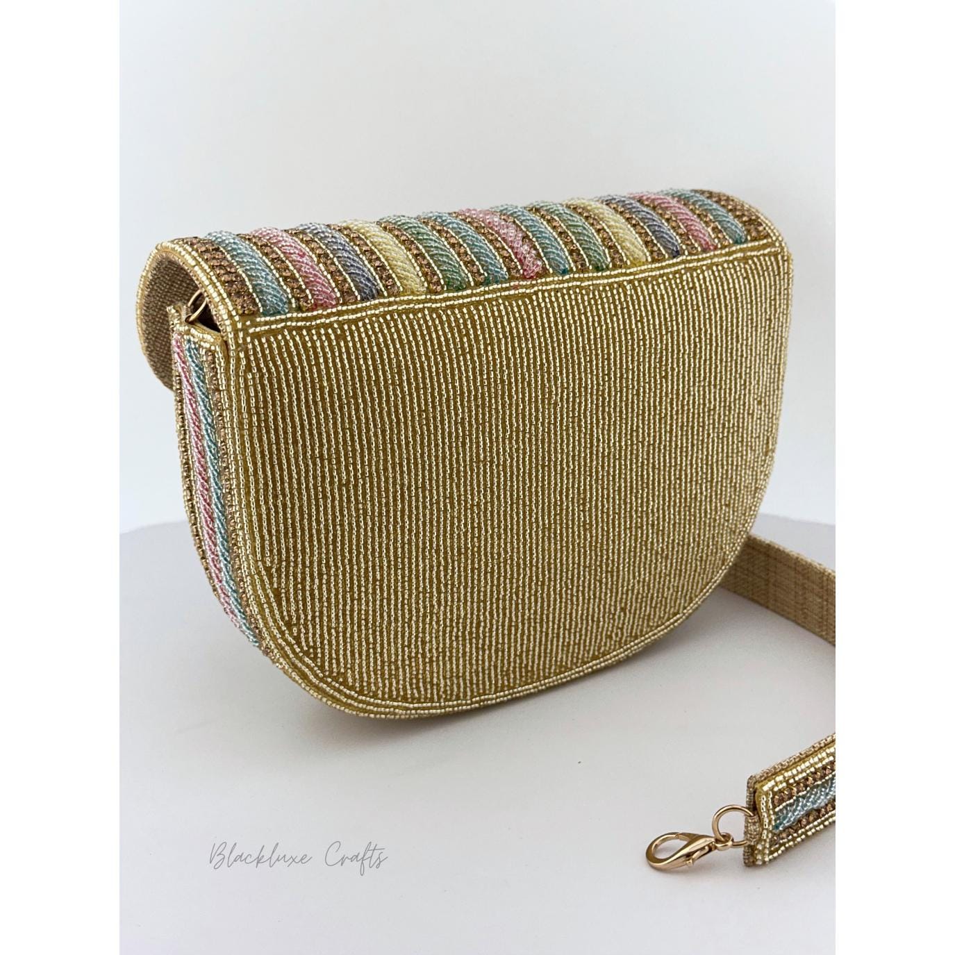 Luxury Rainbow Multicolor Beaded Clutch Purse with Golden Embroidery – Elegant Handmade Evening Bag for Weddings, Parties & Special Occasions (BLACKLUXE CRAFTS)