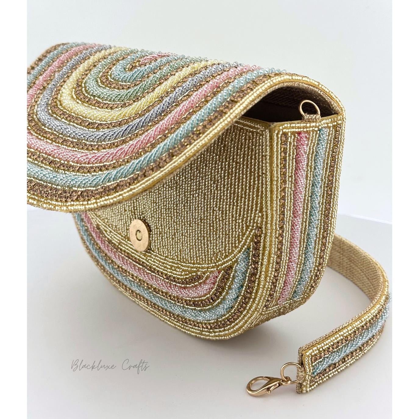 Luxury Rainbow Multicolor Beaded Clutch Purse with Golden Embroidery – Elegant Handmade Evening Bag for Weddings, Parties & Special Occasions (BLACKLUXE CRAFTS)