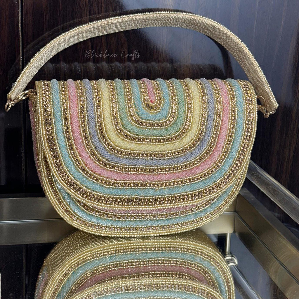 Luxury Rainbow Multicolor Beaded Clutch Purse with Golden Embroidery – Elegant Handmade Evening Bag for Weddings, Parties & Special Occasions (BLACKLUXE CRAFTS)