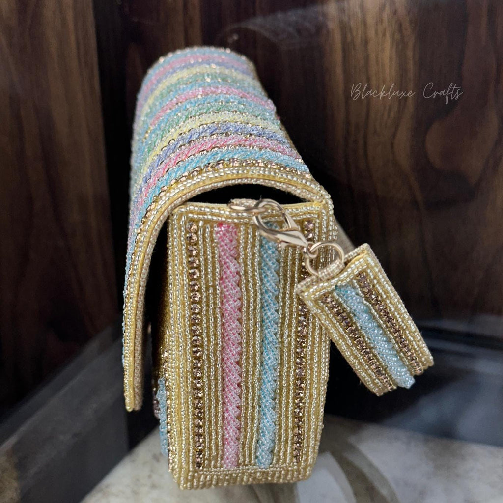 Luxury Rainbow Multicolor Beaded Clutch Purse with Golden Embroidery – Elegant Handmade Evening Bag for Weddings, Parties & Special Occasions (BLACKLUXE CRAFTS)