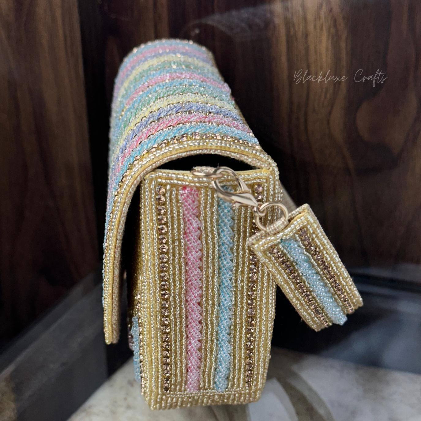 Luxury Rainbow Multicolor Beaded Clutch Purse with Golden Embroidery – Elegant Handmade Evening Bag for Weddings, Parties & Special Occasions (BLACKLUXE CRAFTS)