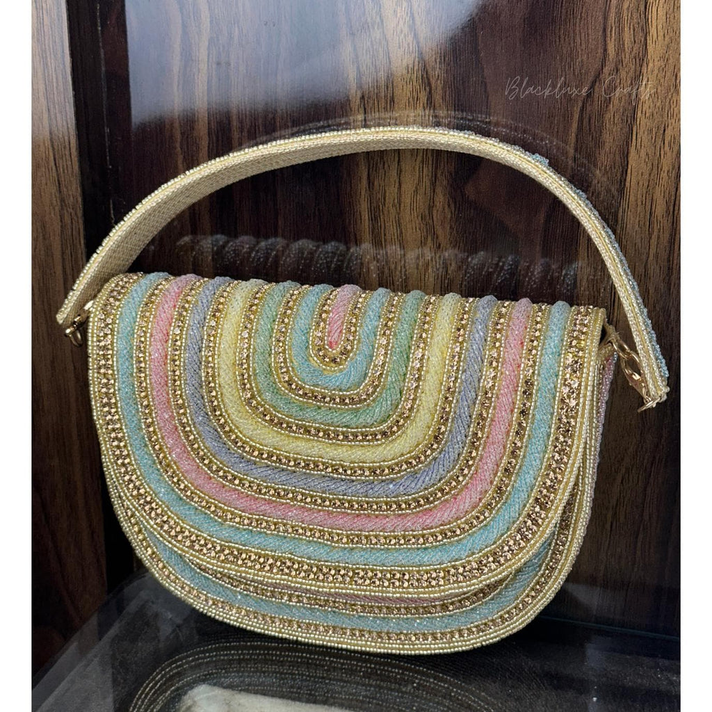 Luxury Rainbow Multicolor Beaded Clutch Purse with Golden Embroidery – Elegant Handmade Evening Bag for Weddings, Parties & Special Occasions (BLACKLUXE CRAFTS)