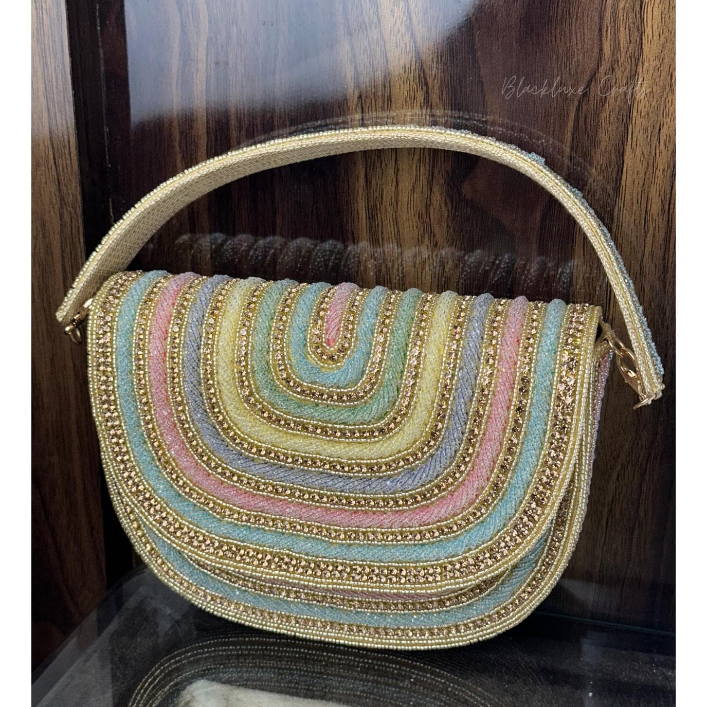 Luxury Rainbow Multicolor Beaded Clutch Purse with Golden Embroidery – Elegant Handmade Evening Bag for Weddings, Parties & Special Occasions (BLACKLUXE CRAFTS)