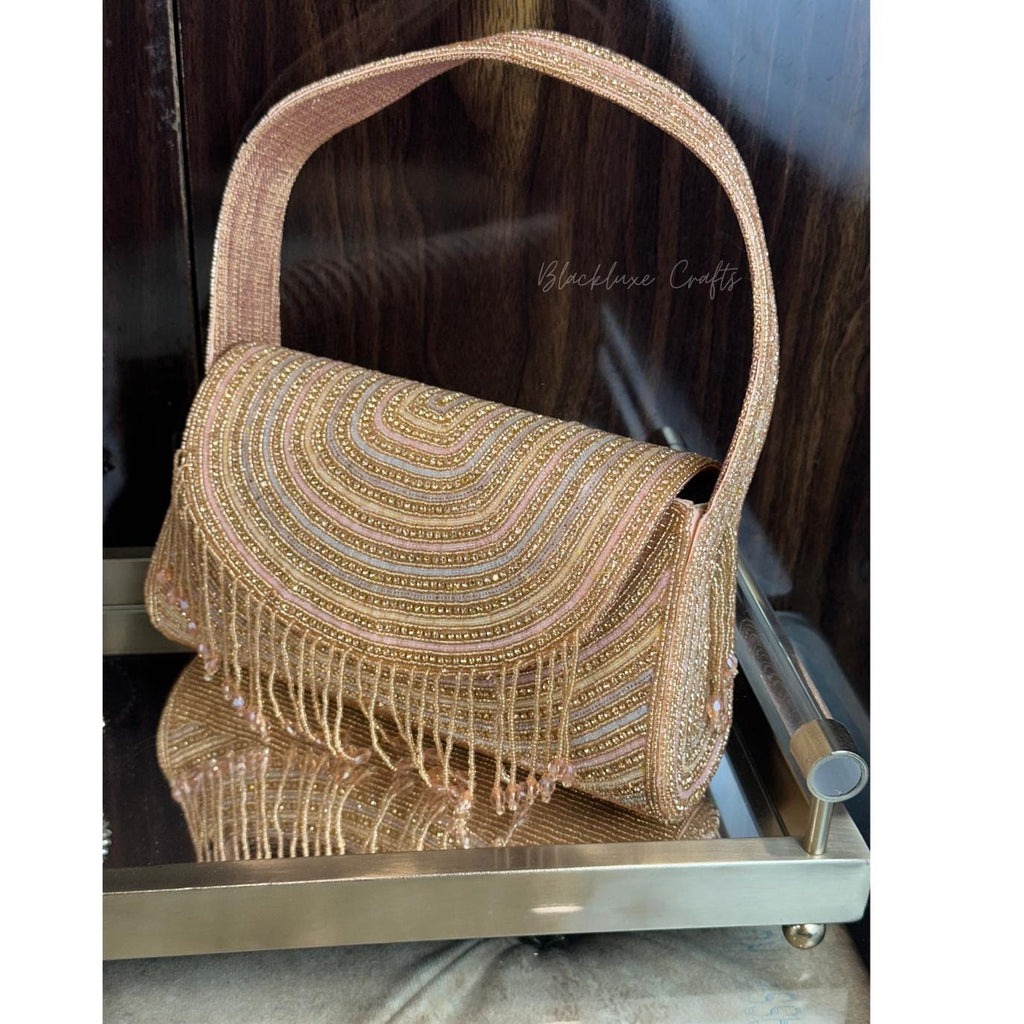 Luxury Hand-Beaded Evening Clutch Bag with Fringe – Golden Sequin Shoulder Purse for Weddings & Parties (BLACKLUXE CRAFTS)