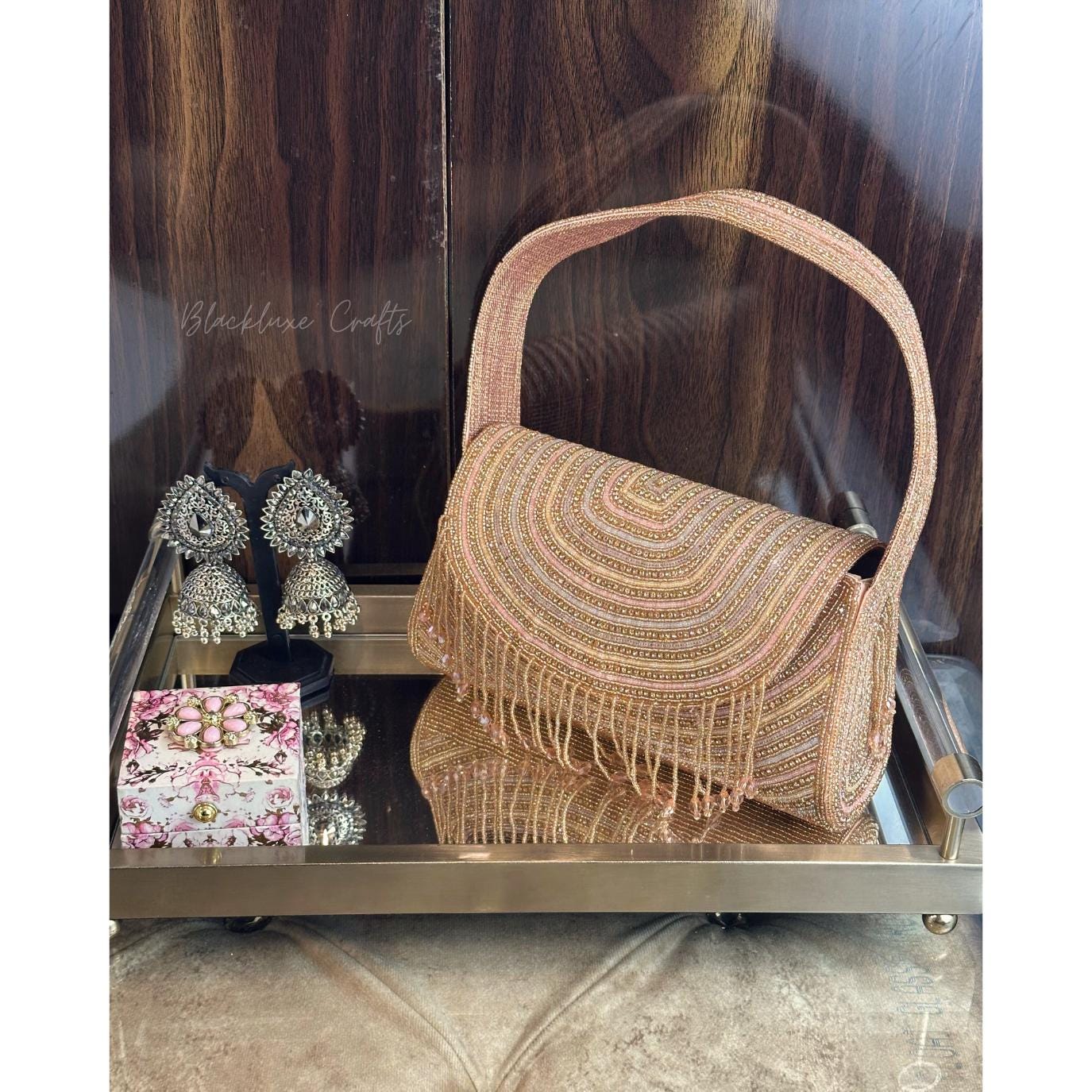 Luxury Hand-Beaded Evening Clutch Bag with Fringe – Golden Sequin Shoulder Purse for Weddings & Parties (BLACKLUXE CRAFTS)