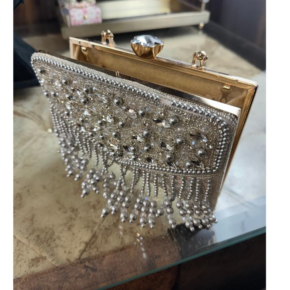 Luxury Silver Beaded Clutch Bag with Crystal Embellishments and Pearl Fringe – Elegant Evening Purse for Women (BLACKLUXE CRAFTS)