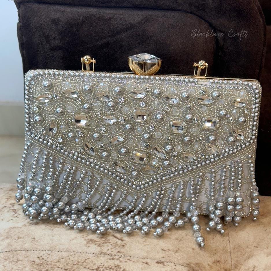Luxury Silver Beaded Clutch Bag with Crystal Embellishments and Pearl Fringe – Elegant Evening Purse for Women (BLACKLUXE CRAFTS)